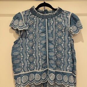 Jennifer & Grace Women’s Blue Embroidered Eyelet Top with button detail
